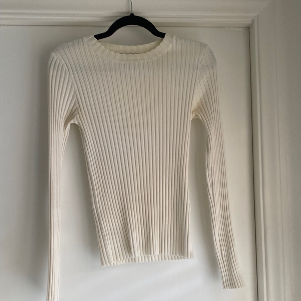 Anine Bing Cream Ribbed Long Sleeve Top.